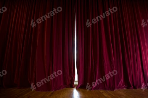 Preview: Closed Red Curtains On A Stage.