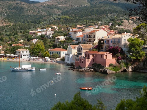 Preview: Greece, Kefalonia, Assos, View Of Yacht And Sunny Coastal Village