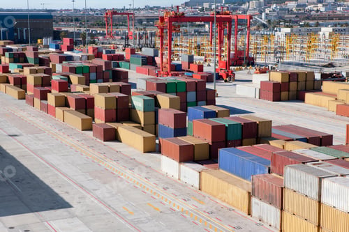 Preview: Wide Shot Of A Dockyard With Cargo Containers Stacked Neatly Using Huge Gantry Cranes
