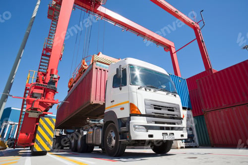 Preview: Wide Low Angle Shot Of A Container Being Placed On A Lorry