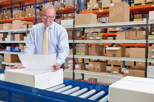 Preview: Medium Shot Of A Supervisor Examining Paperwork And Boxes At The Production Line Of A Distribution