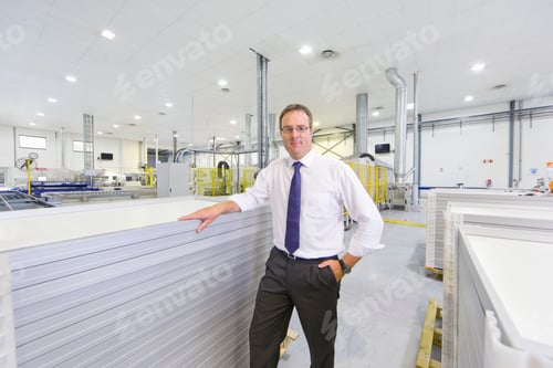Preview: Portrait Of A Businessman Standing In A Factory Leaning On The Solar Panels