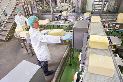 Preview: Worker At Production Line Control Panel In Cheese Processing Plant
