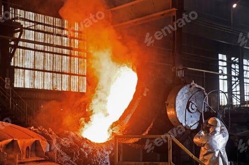 Preview: Worker In Protective Clothing Pouring Molten Metal In Foundry