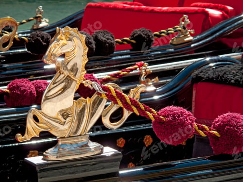 Preview: Close Up Of The Detailed Golden Horse Gondola Decoration In Venice, Italy