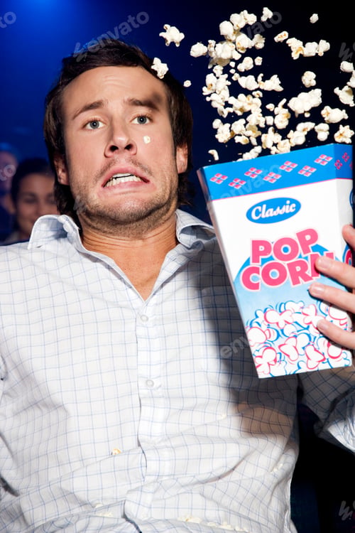 Preview: Man Reacting To A Film At The Cinema, Popcorn Flying
