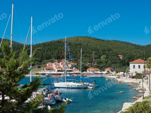 Preview: Greece, Kefalonia, Fiskardo, View Of Yachts And Sunny Coastal Harbour