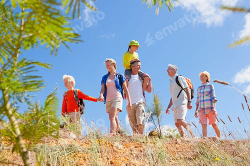 Preview: Full Shot Of A Multi Generation Family Hiking Along A Mountainous Path.