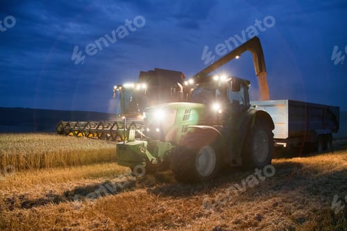 Preview: Combine Harvester Harvesting Wheat Crop At Night