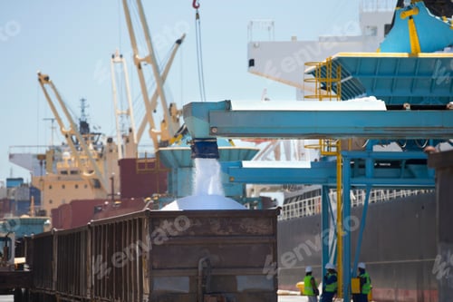 Preview: Wide Shot Of Plastic Pellets Being Filled In A Container At A Shipping Dockyard