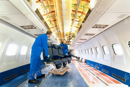 Preview: Engineers Wheeling A Set Of Seats Inside An Empty Passenger Jet.