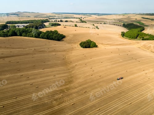 Preview: Aerial Landscape Of Harvested Summer Farm Wheat And Barley Fields And Straw Bales
