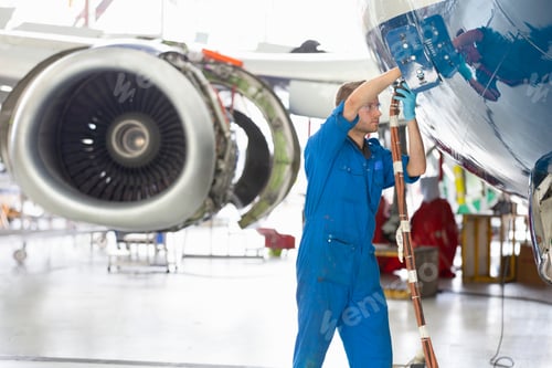 Preview: Medium Shot Of An Engineer Connecting Wires To A Passenger Jet At A Hangar.