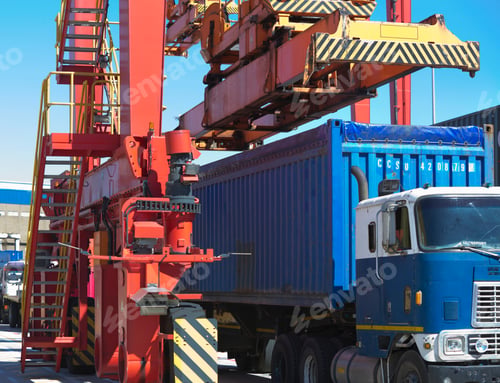 Preview: Cargo Being Lifted From Container Trucks At A Shipping Dockyard