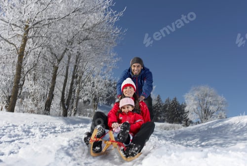 Visualização: Jovem família andando de trenó no dia de inverno