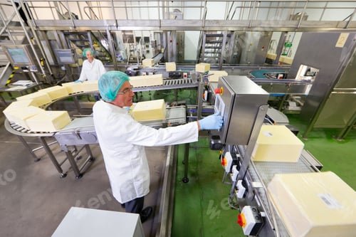 Preview: Wide Shot Of Worker At Production In A Cheese Processing Plant