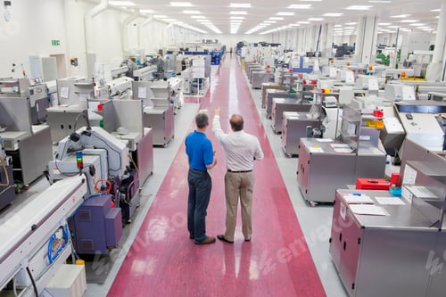 Preview: Wide Shot Of An Engineer And A Businessman Standing In The Aisle Of A Manufacturing Plant And