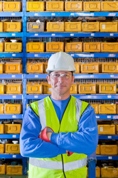 Preview: Portrait Shot Of An Engineer In A Reflector Vest And Helmet Smiling At The Camera In A Factory.
