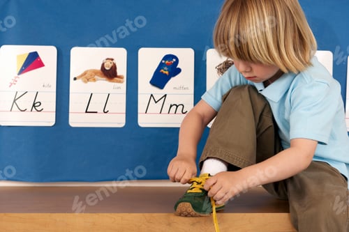 Preview: Medium Shot Of A Boy Tying His Shoe Lace While Sitting On A Wooden Storage Cabinet In His Classroom.