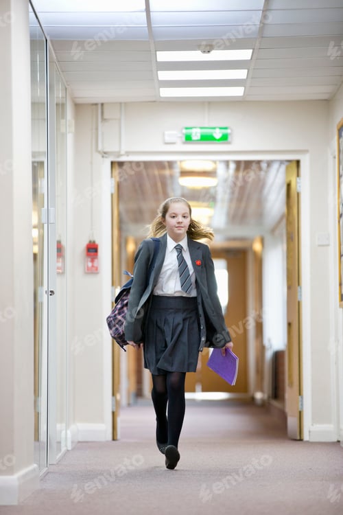 Preview: Portrait Middle School Student Walking In School Corridor
