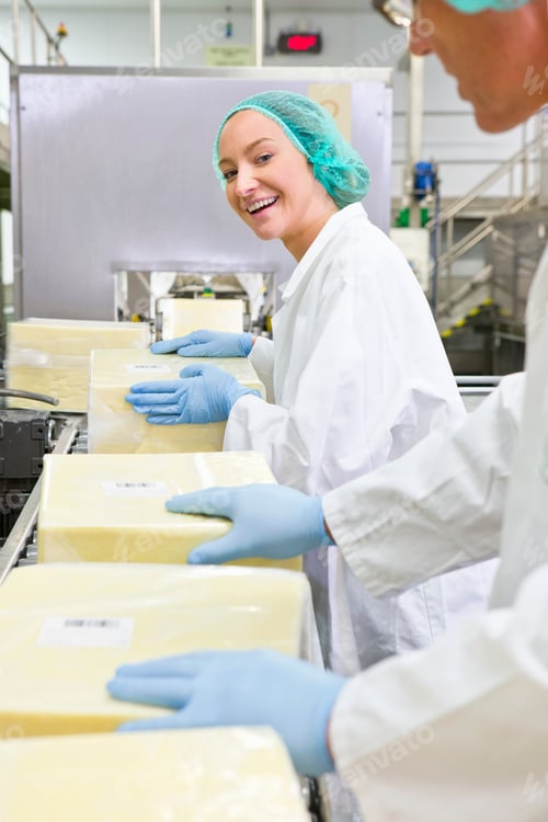 Preview: Portrait Smiling Woman Handling Large Blocks Of Cheese At Production Line In Processing Plant