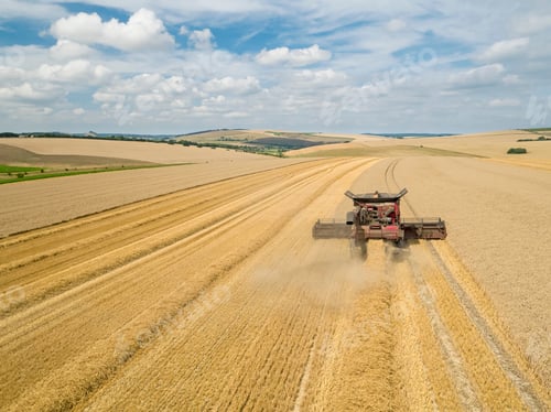 Preview: Harvest Aerial Of Combine Harvester Cutting Summer Wheat Field Crop With Tractor Trailer Under Blue