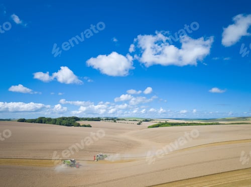 Preview: Aerial View Of Two Combine Harvesters Harvesting Wheat Crop
