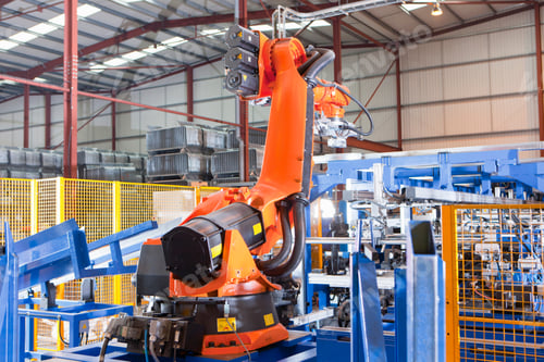 Preview: Robotic Machinery Lifting Steel Fencing In Manufacturing Plant