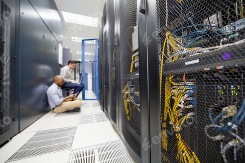 Preview: Technicians Sitting With A Laptop And A Digital Tablet Checking Server In The Data Center Hall