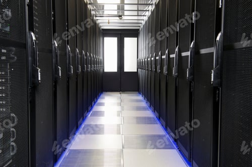 Preview: Servers Stored In Cabinets Along The Aisle Of A Data Center.