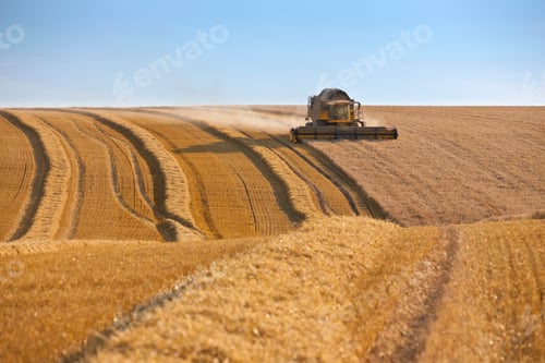 Preview: Wide Shot Of A Rural Farm With A Combine Harvester Running Through The Field.