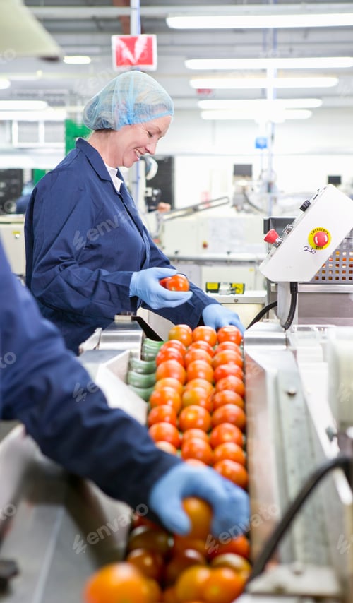 Preview: Quality Control Workers Inspecting Tomatoes On Production Line In Food Processing Plant
