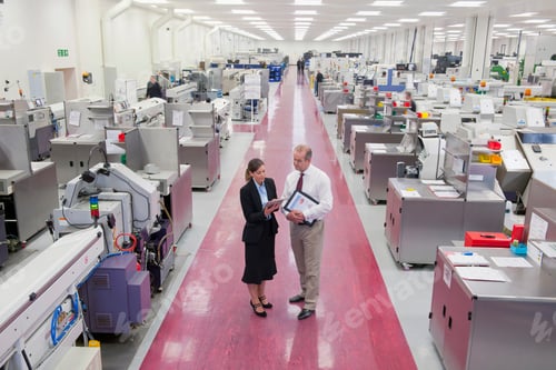 Preview: Businessman And Businesswoman With A Digital Tablet Having A Discussion In The Aisle Of A