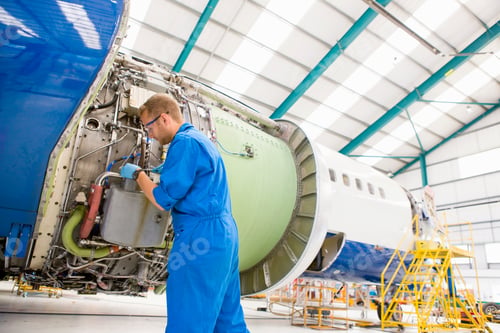 Preview: Medium Wide Shot Of An Engineer Assembling An Engine On A Passenger Jet At A Hangar.