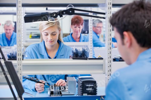 Preview: Young Female Technician In An Apron Assembling Circuit Boards With Coworkers In The Foreground And