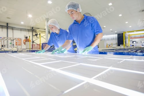 Preview: Wide Shot Of Technicians Arranging Solar Cells To Form A Solar Panel On The Production Line
