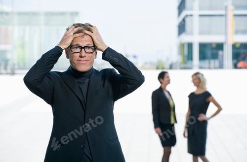 Preview: A Businessman Looking Frustrated, Two Businesswoman Standing In The Background