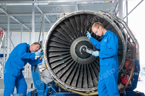 Preview: Front View Of Engineers Inspecting The Turbine Engine Of A Passenger Jet At A Hangar.