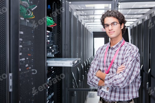 Preview: Portrait Shot Of A Young Technician Replacing A Server In The Server Cabinet.