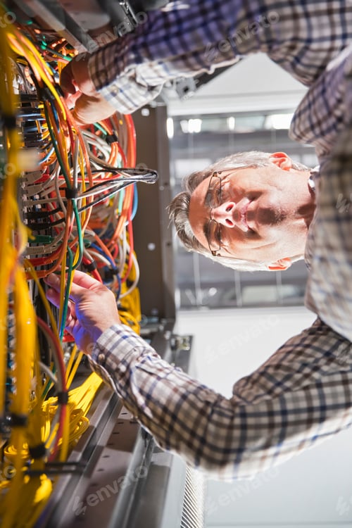 Preview: Low Angle Shot Of A Technician Checking Wires In The Data Center