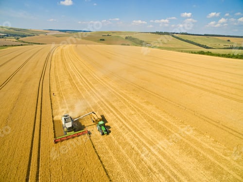 Preview: Scenic Aerial Landscape Shot Of A Combine Harvester Filling Tractor Trailer In A Sunny Golden