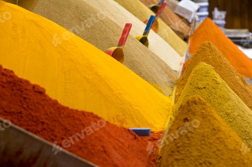Preview: Mountains Of Spices In Morocco Market Seen In Selective Focus.