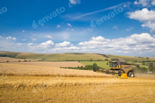 Preview: Wide Shot Of A Combine Harvester Reaping Wheat At An Agricultural Field On A Cloudy Day.