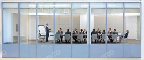 Preview: Wide Shot Through An Office Window With A Businessman In A Meeting With His Employees.