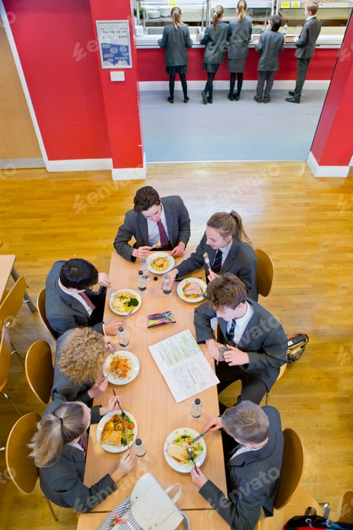 Preview: Top View Of High School Students In Uniforms Eating Lunch At The Cafeteria.
