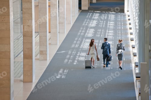 Preview: Business Employees Walking Together In The Lobby Of A Modern Office Holding Briefcase And Travel