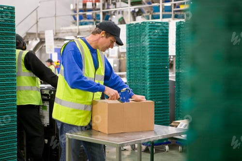 Preview: Worker Taping A Box In A Food Processing Plant