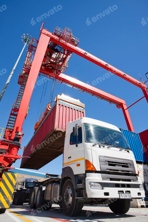 Preview: Close Up Of Cargo Container Loaded On A Lorry At A Commercial Dock