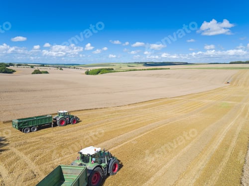 Preview: Tractors With Trailers Collecting Wheat From Harvested Field