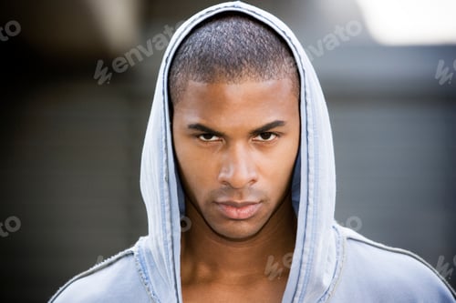 Preview: Portrait Of A Young African American Man In A Grey Hooded Top